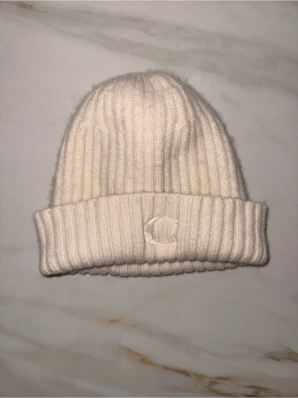 Coach Cream Ribbed Knit Beanie with Subtle Embroidered Logo
